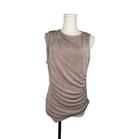 Blush Noir Tops - blush noir Sleeveless Ruched Metallic Taupe Knit Top Sz. L NWT
